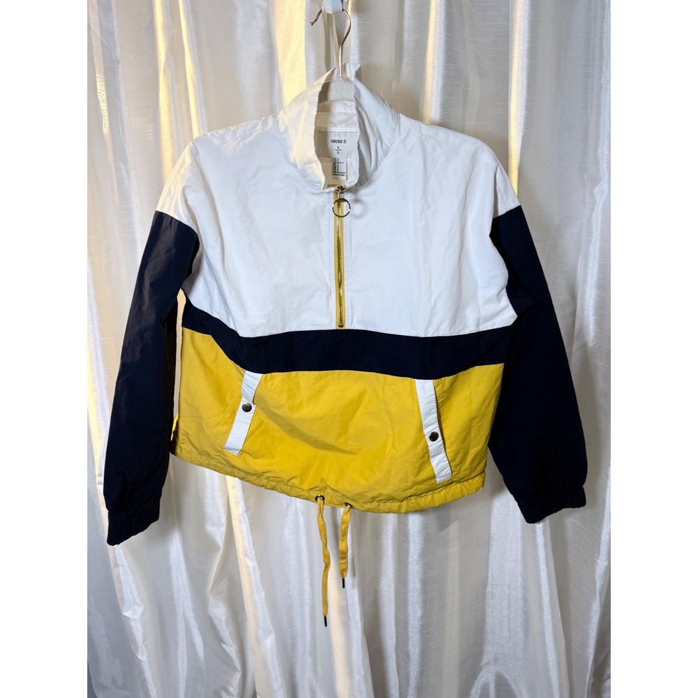Forever 21 Windbreaker Women Small Yellow White Navy Colorblock Quarter Zip